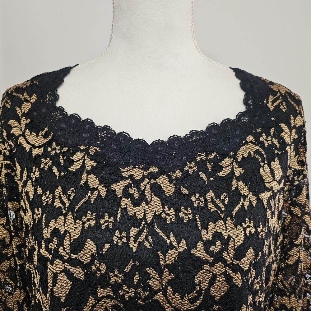 Coldwater Creek Black & Gold Lace Scalloped Hem Top Size XL Whimsigoth Romantic - Picture 4 of 7